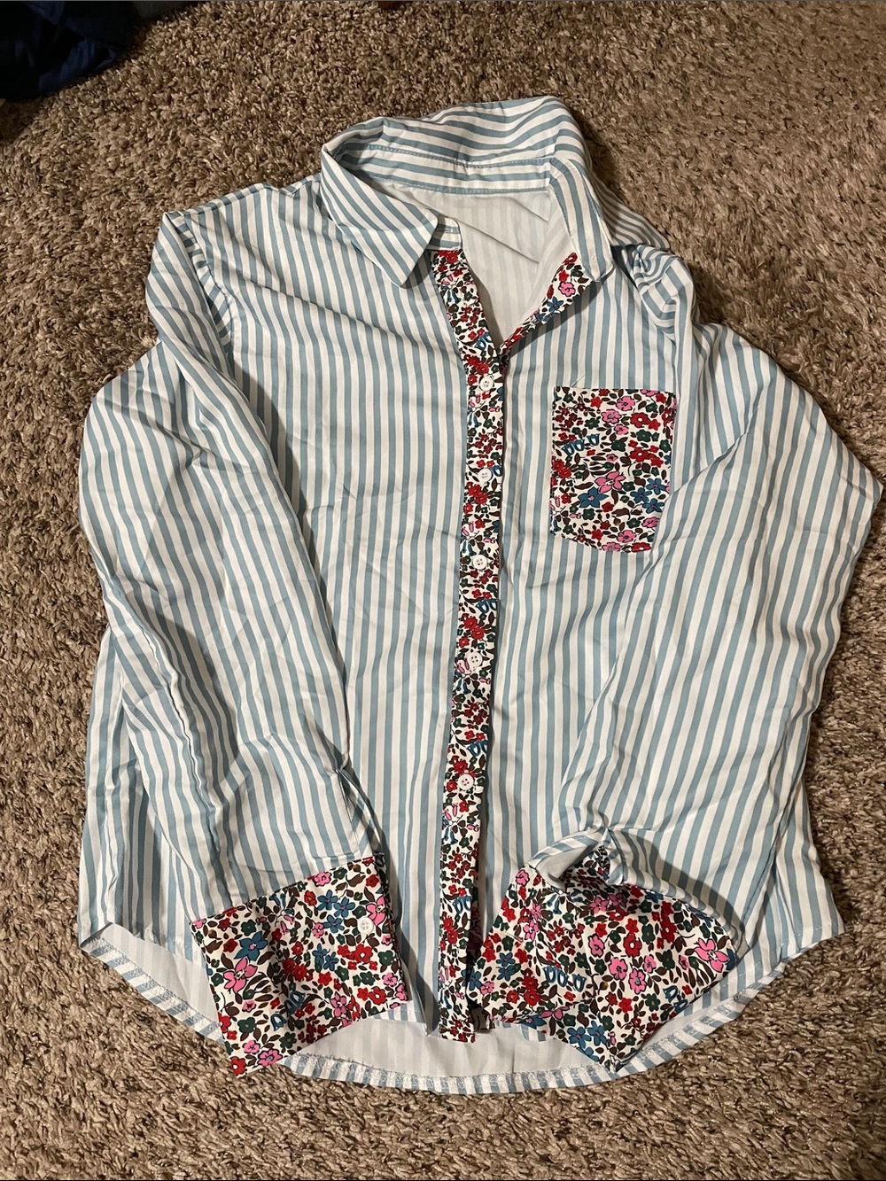 Striped Blue & White Men's Button-Up Shirt with Floral Trim